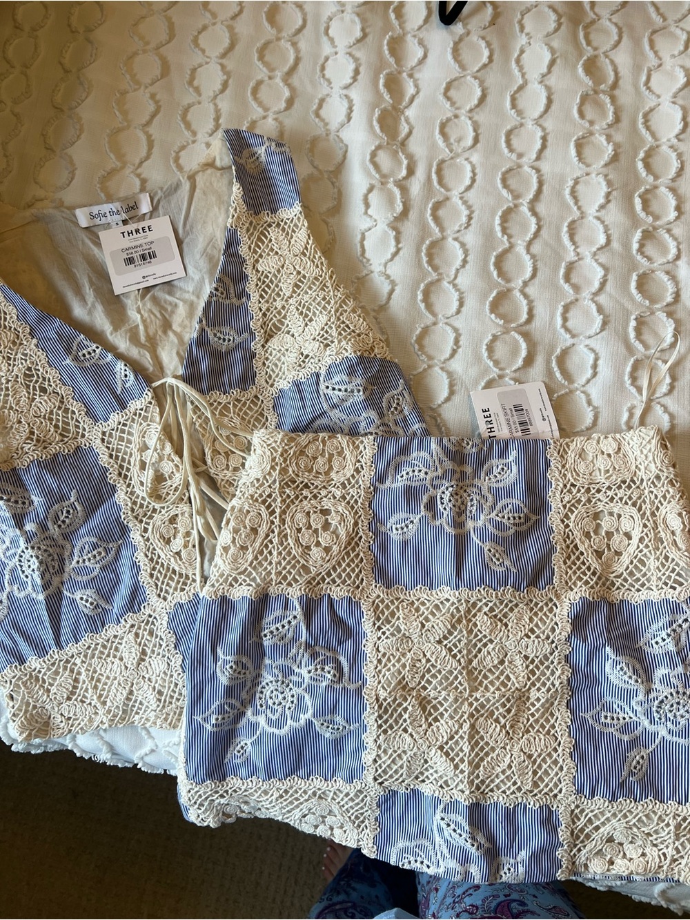 Sofia the Label Striped Blue & Cream Crochet Lace Patchwork SET